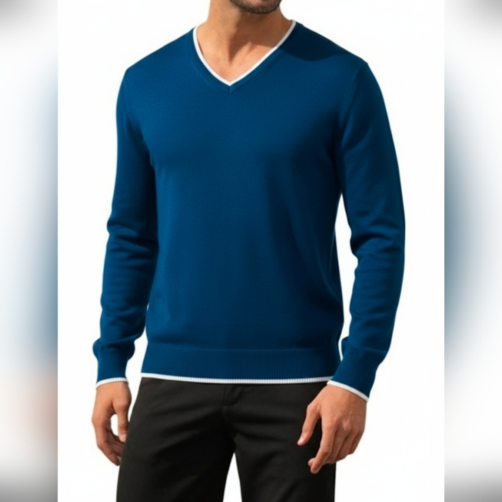 Men's Cotton Sweater V Neck Long Sleeve Knitted Pullover Lake Blue